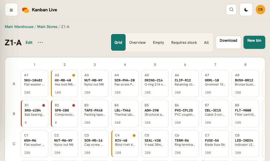 Kanban Live app — panel grid view of a stores location, each bin showing its product, quantity and scan state